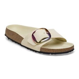 Birkenstock Madrid Iridescent Big
Buckle Nubuck Leather Slide Sandal,Ecru,37,NWT